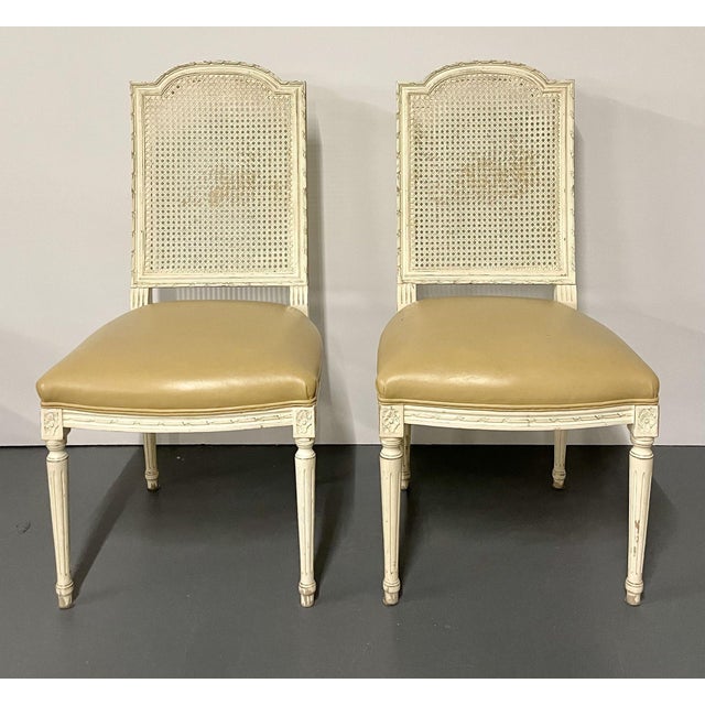 Late 20th Century Louis XVI Style, Six Dining Chairs, Painted Wood, Cane, Leather, 20th C. For Sale - Image 5 of 13