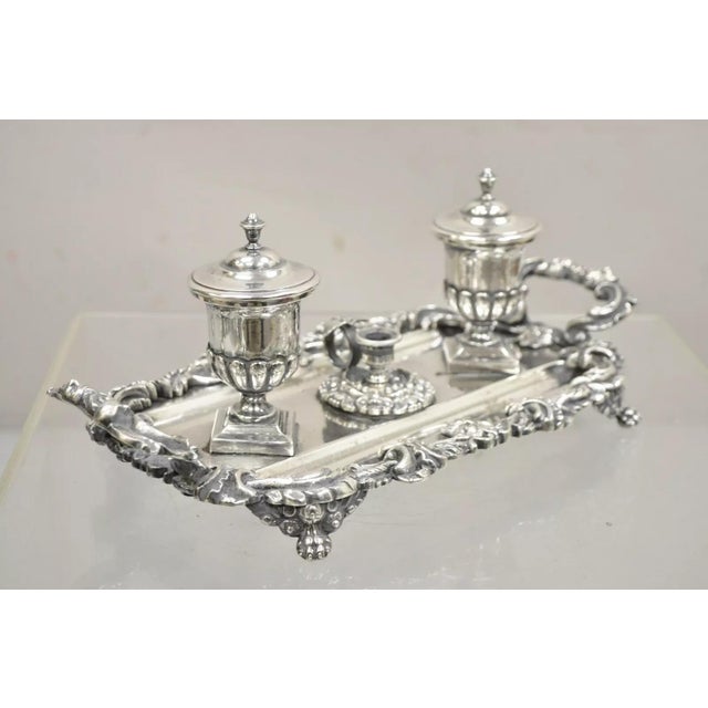 Vintage French Renaissance Silver Plated Figural Italian Inkstand Desk Double Inkwell. Item features double inkwell with...