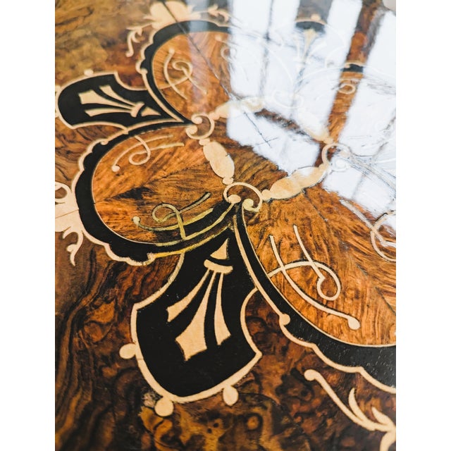 Antique Oval Burlwood Coffee Table With Marquetry Inlay and Scalloped Edge For Sale - Image 9 of 16
