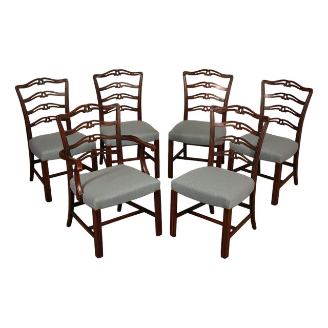 1940's Chippendale Style Set Of Six Mahogany Ladder Back Dining Chairs For Sale