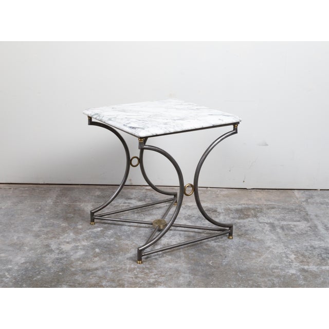 French Mid-Century Steel and Bronze Console Table with White Veined Marble Top For Sale - Image 11 of 12