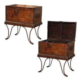 Mid-19th Century French Carved Oak Chest Trunk Side Table on Wrought Iron Stand For Sale