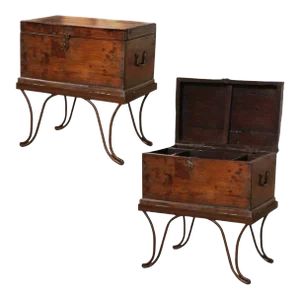Mid-19th Century French Carved Oak Chest Trunk Side Table on Wrought Iron Stand