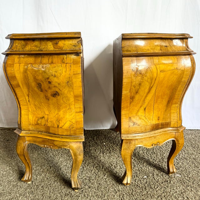 Wood Antique Italian Olive Wood Veneer Bombe Commodes/Nightstands - a Pair For Sale - Image 7 of 12