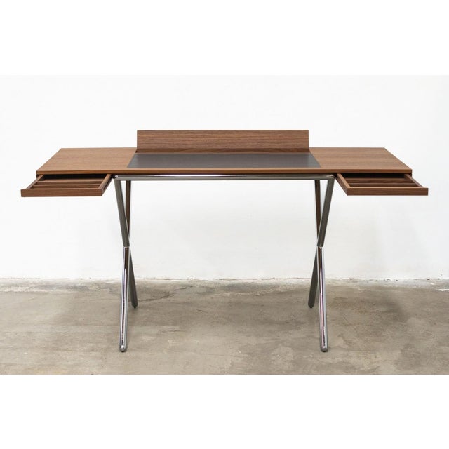 Lema novelist writing desk by christophe pillet, italian design in canaletto walnut and chromed metal. an elegant and...