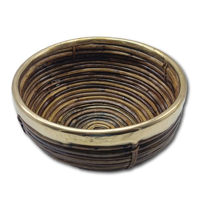 Mid-Century Modern Rattan and Brass Basket, Italy, 1970s For Sale - Image 3 of 7