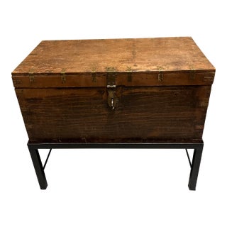 Antique Wooden Storage Chest on Metal Stand For Sale
