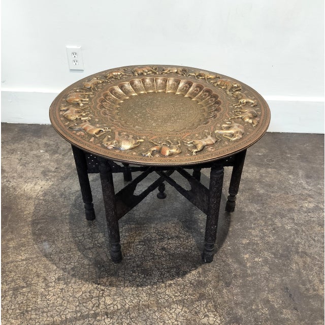 Brass Vintage Morrocan Brass Tray Table With Folding Hand Carved Wood Base For Sale - Image 8 of 8