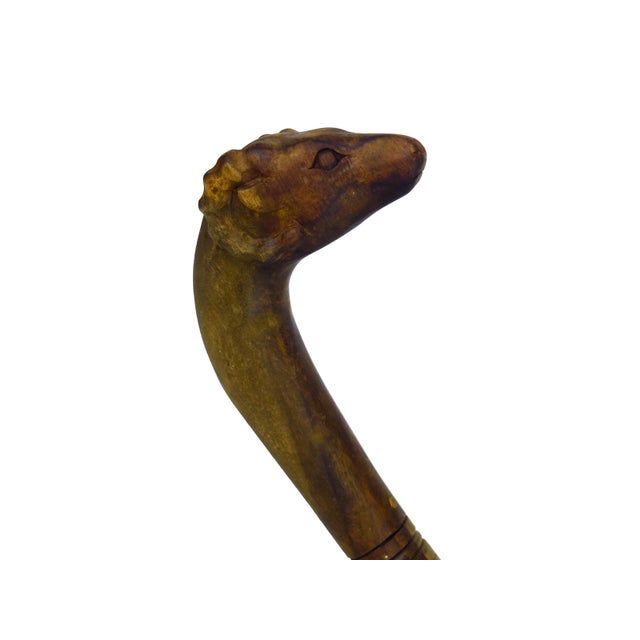 Early 20th Century Antique Hand Carved Folk Art Ram Head Wooden Walking Cane For Sale - Image 5 of 9