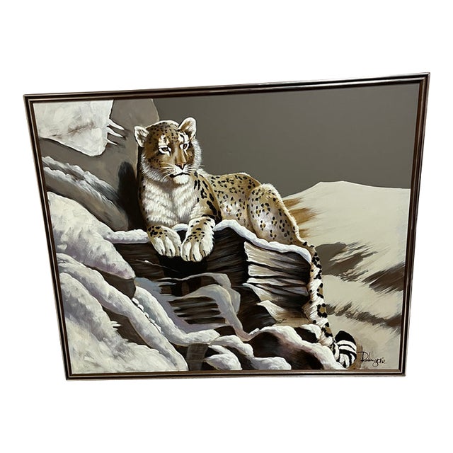 Vintage Mid-Century Modern Snow Leopard Painting by R. Delongorie For Sale