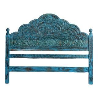 1920s Vintage Wood Blue Floral Carved Queen Headboard For Sale