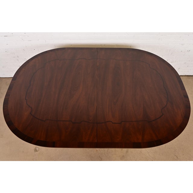 Baker Furniture Style Georgian Banded Mahogany Double Pedestal Extension Dining Table, Newly Refinished For Sale - Image 9 of 14