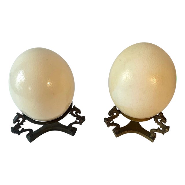 Pair of Ostrich Eggs on Matching Solid Brass Bases For Sale