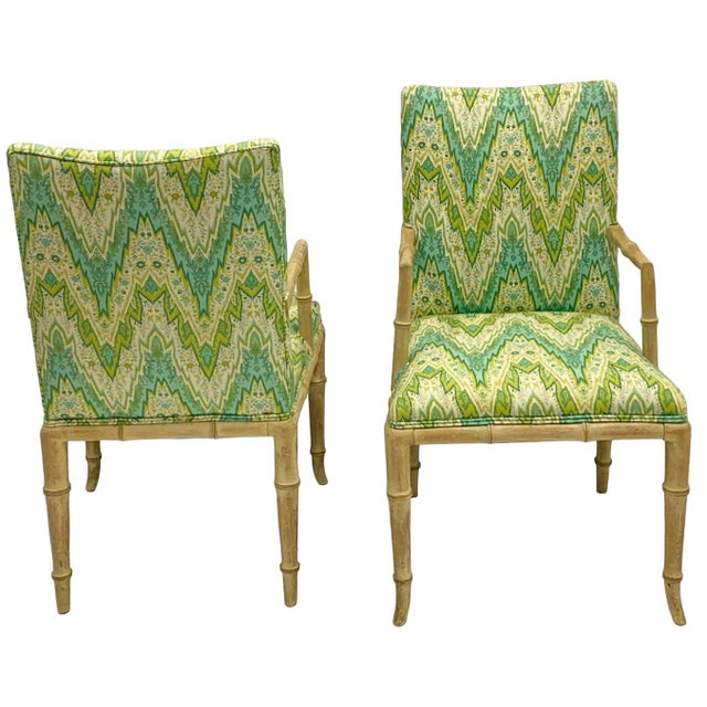This is a pair of Regency style faux bamboo bergere chairs with cerused frames. The chevron fabric is in very good...