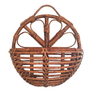 Vintage Rattan Bamboo Wall Basket For Sale