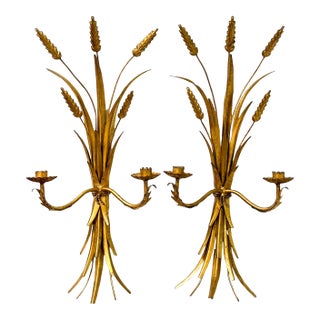 Italian 20th Century Gold Gilt Wheat Candle Wall Sconces - A Pair For Sale