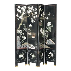 Ebonized Chinoiserie Decorated Four Panel Landscape Screen with Garden, 20th Century