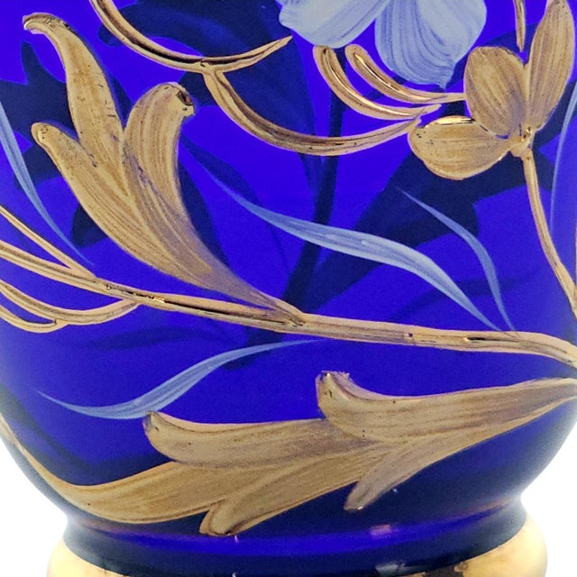 Bohemian Czech Hand-Blown Cobalt Blue Enamel & Fire-Gilt Cabinet Vase 8" For Sale - Image 15 of 17