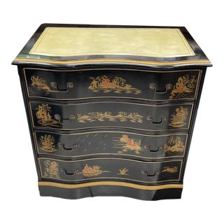 Black Chinoiserie Scenery Motif Leather Top Wood Dresser For Sale