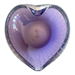 Vintage Mid Century Modernist Barbini Italian Murano Art Glass Amethyst Purple Bullicante Heart Shaped Bowl