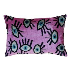 Contemporary Luxury Pink Handmade Silk Evil Eye Throw Pillow With Down Insert