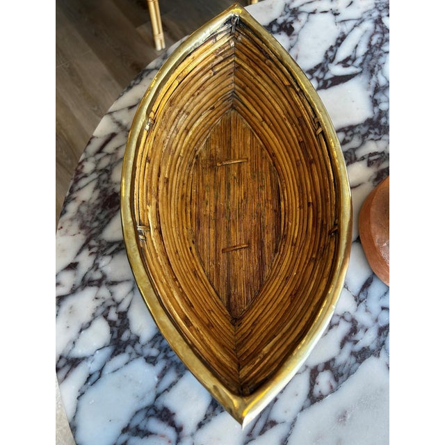 Italian Pencil Reed Rattan & Brass Boat Basket For Sale - Image 4 of 4