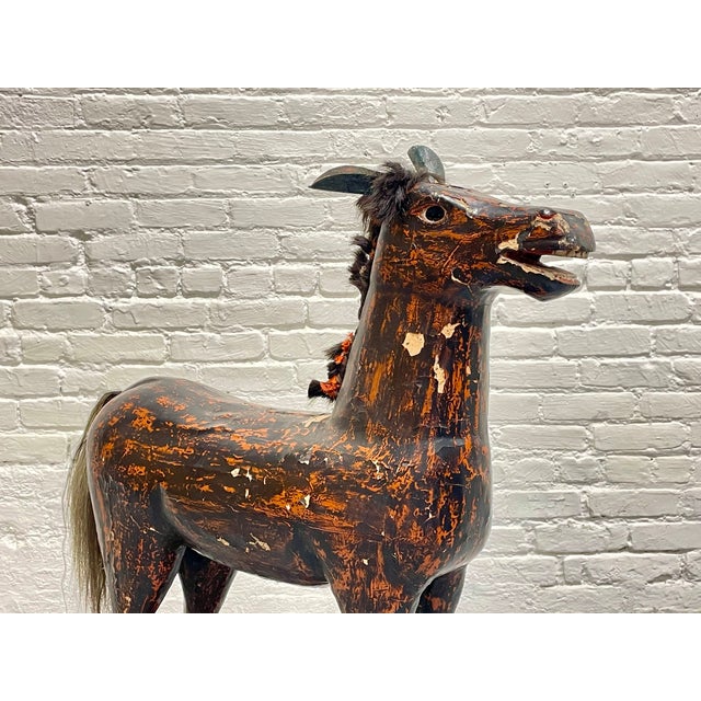 Brown Antique European Hand Carved Wooden Horse Folk Art Sculpture on Wheeled Base For Sale - Image 8 of 13