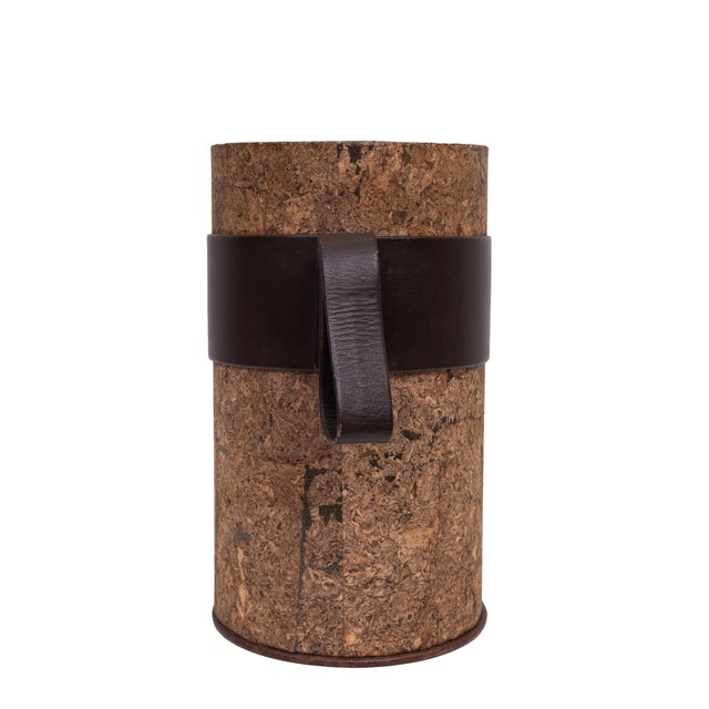 Very nice Brown Leather Umbrella Stands ,with Handle . covered with Cork . Brass details .1970s France