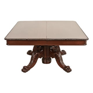 R. J. Horner Antique Victorian Carved Mahogany Split Pedestal Extension Dining Table With Lion Paw Feet, Newly Refinished For Sale