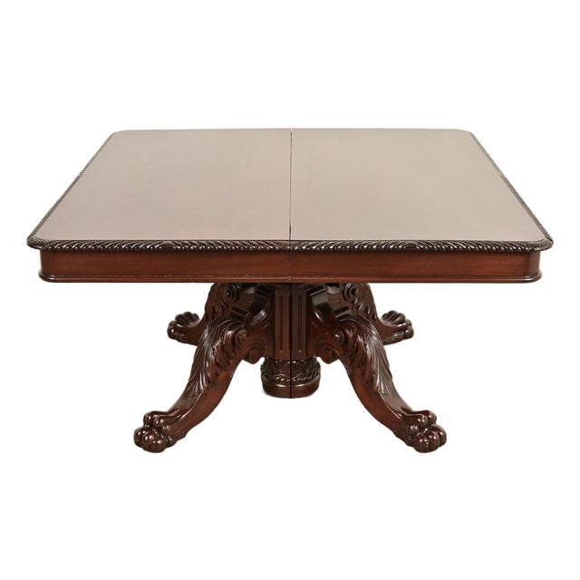 R. J. Horner Antique Victorian Carved Mahogany Split Pedestal Extension Dining Table With Lion Paw Feet, Newly Refinished For Sale