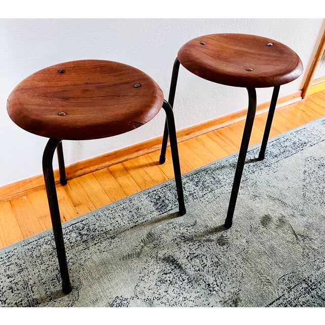1950s Stalmobler Mid Century Danish 3 Leg Dot Stools Pair Steel Teak MCM For Sale - Image 18 of 18