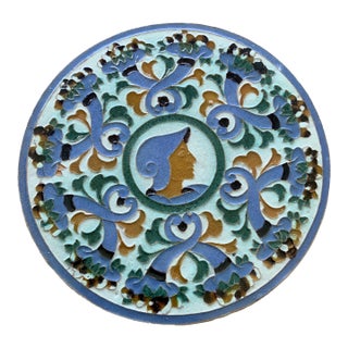 Vintage Spanish Polychrome Round Serving Plate, Marked to Underside For Sale