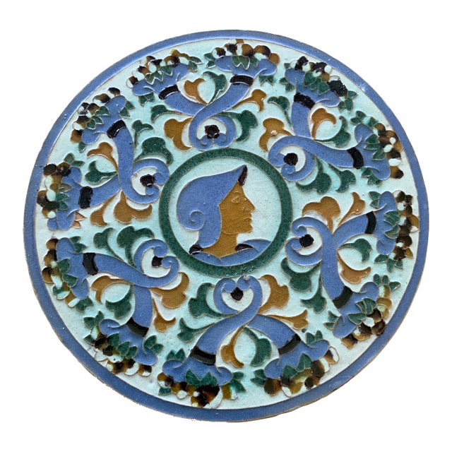 Vintage Spanish Polychrome Round Serving Plate, Marked to Underside For Sale