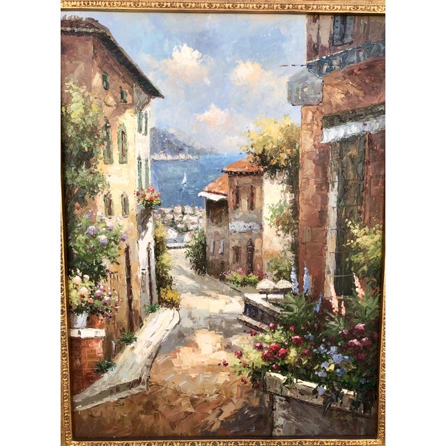 Large Vintage Mediterranean Street Coastal Landscape Oil Painting Ornate Gold Wood Frame For Sale - Image 11 of 13