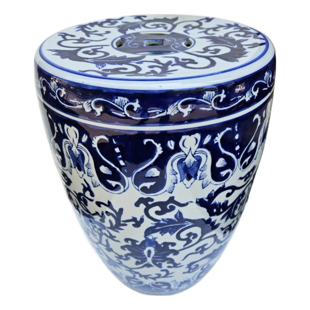 Vintage Chinese Porcelain Blue and White Garden Seat or Stool For Sale