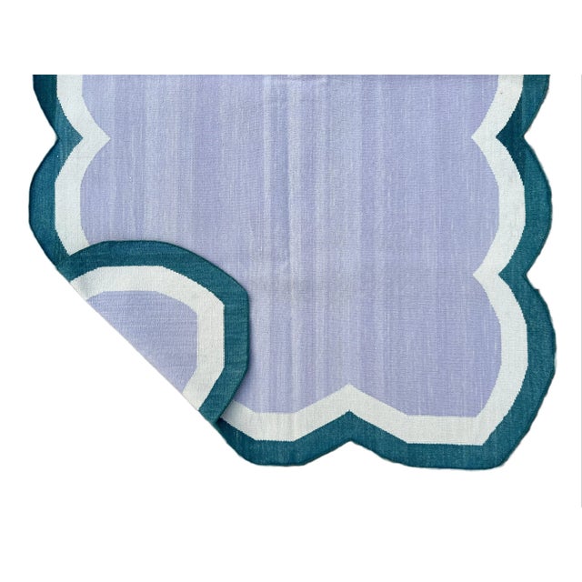 Lavender Not Yet Made - Made To Order Handmade Cotton Scalloped Rug Reversible Lavender and Greenish Teal Dhurrie-3'x5' For Sale - Image 8 of 11