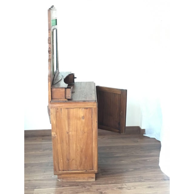 Mid-Century Modern Oak Sideboard, Buffet With Mirror and Original Green Glass For Sale - Image 3 of 7