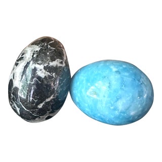 Pair of EggPair of Polished Stone Eggs – Caribbean Calcite & Zebra Jasper For Sale