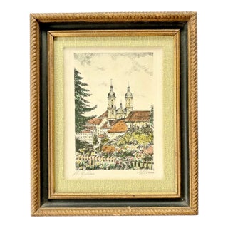 Vintage Hand-Colored Etching of St. Gallen Cathedral, Switzerland | Signed Illustration | Framed Unesco Landmark Art For Sale