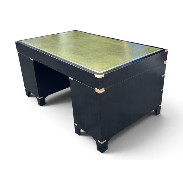 Antique British Campaign Style Executive Desk With Green Leather Writing Top For Sale - Image 11 of 15