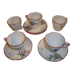 Late 20th Century 10 Piece French Hand Painted Coffee Tea Cups and Plates Set, Signed by Artist Renoleau