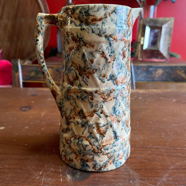 Antique Farmhouse Yellowware Blue and Brown Sponge Decorated Pitcher, Circa 1870's Probably made in the USA, circa...