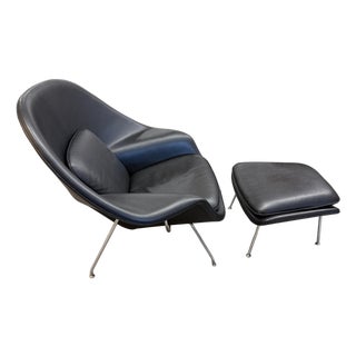 Black Leather Eero Saarinen for Knoll Womb Chair and Ottoman For Sale