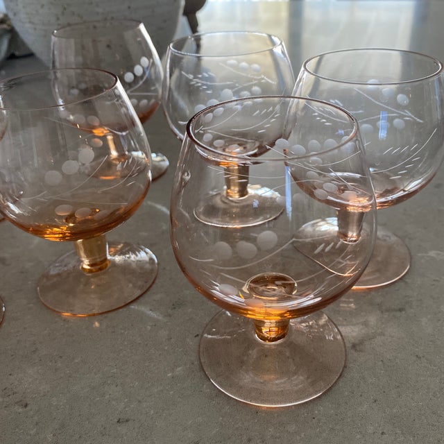 Vintage Rose-Colored Etched Stemware- Set of 8 For Sale - Image 10 of 10