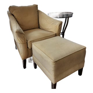 Ethan Allen Gibson Chair & Matching Ottoman in Wheat Ultrasuede For Sale