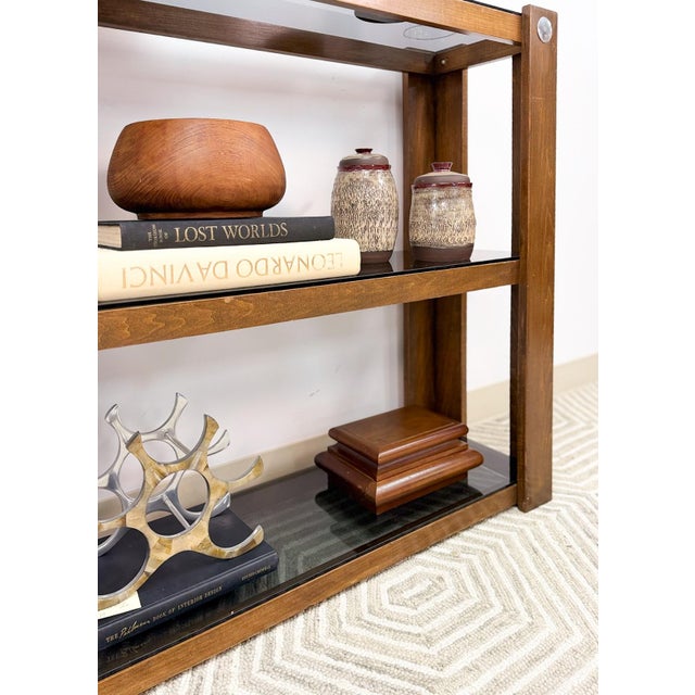 Brown Vintage Smoky Glass 3 Tier Shelf Chrome MCM Display Shelving Unit Mid Century For Sale - Image 8 of 9