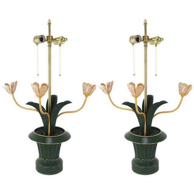 A Pair of Vintage Brunschwig & Fils Green Tole Flower Table Lamps For Sale - Image 12 of 12