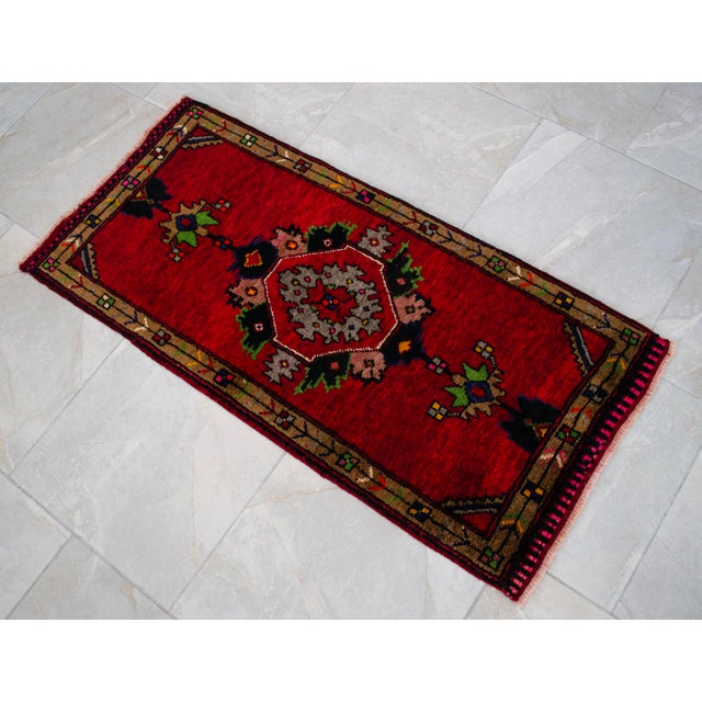 Textile Hand Knotted Small Turkish Rug. Organic Wool 1960's Entryway Decor DoorMat, Accent Rug - 21'' X 45'' For Sale - Image 7 of 12