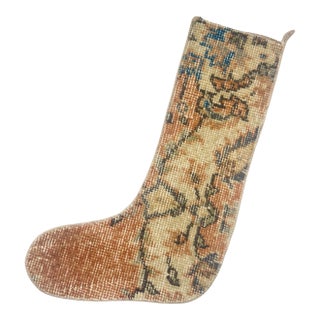Terracotta Toe Vintage Kilim Christmas Stocking, Cream Floral Vine Wool, 11.8 X 17.7 in – One of a Kind Turkish Decor For Sale