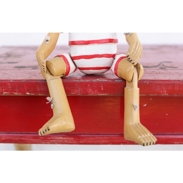 Vintage Wooden Teddy Bear Jointed Red & White Shelf Sitter Hand Carved Folk Art For Sale In San Diego - Image 6 of 14